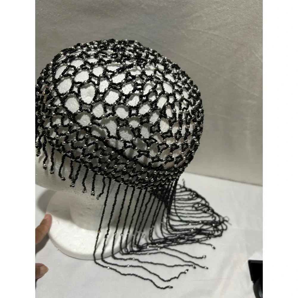 Black‎ Beaded Cleopatra Festival Headpiece Mesh Fringe Hair Cap Boho Goth Gatsby